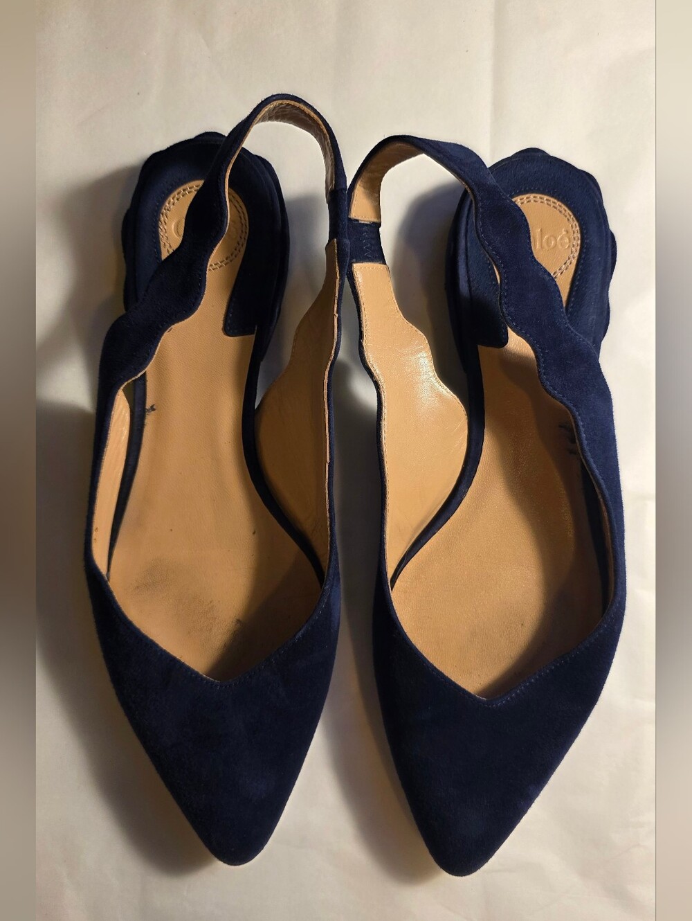 Chloé Laurena Navy Suede Scallop Slingback Flats EU 38.5 Pointed Toe Ballet Shoe - Picture 2 of 9